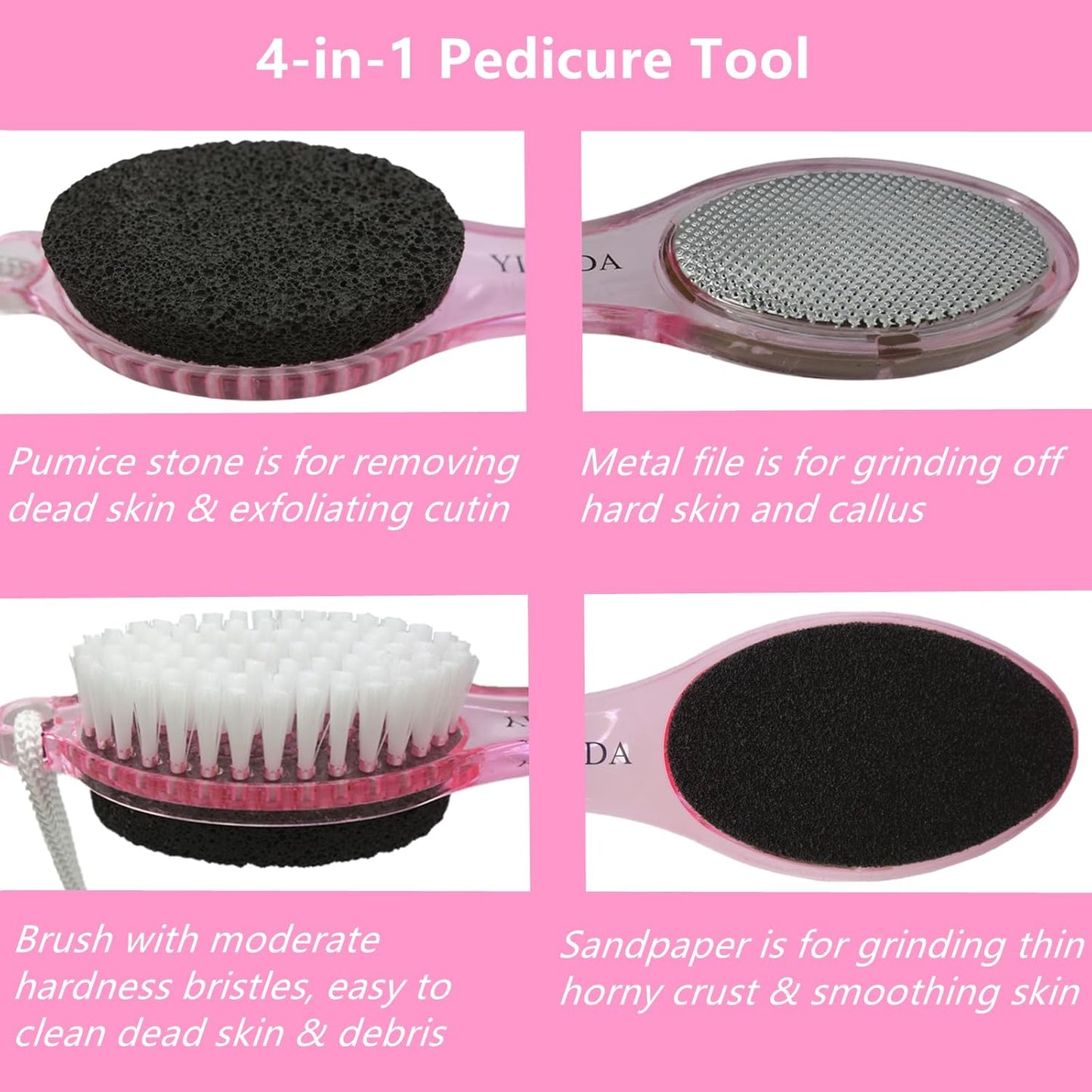 Foot File Callus Remover 4-in-1, Feet Scraper Pedicure Tools with Pumice Stone, Foot Scrubber Brush, Foot Rasp and Sand Paper, Double Sided Multi Purpose for Home Foot Care, Clear Pink