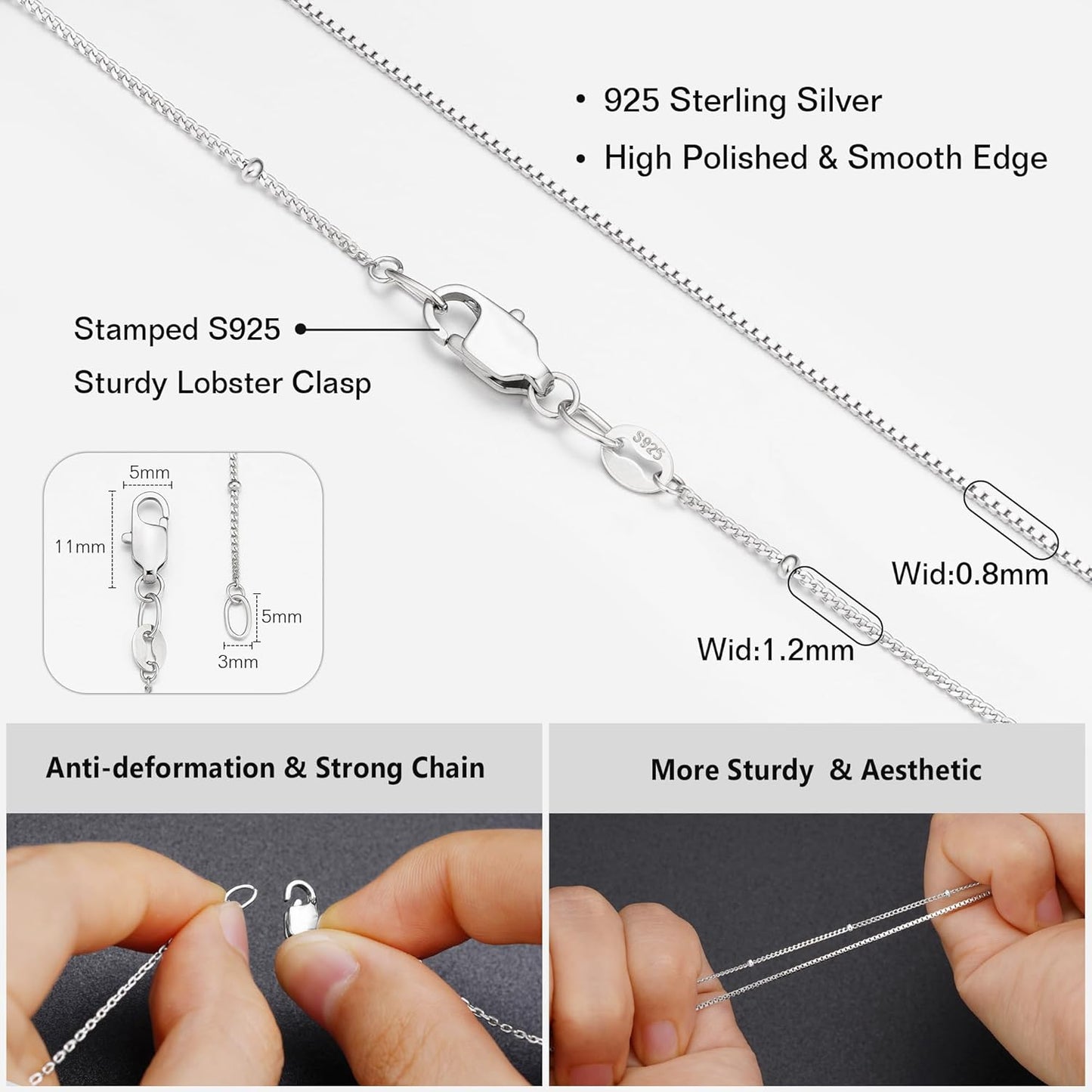 IIEFWELL S925 Sterling Silver Chain Necklace for Women - 1.2/0.8mm Satellite Bead Cable Box Chains Necklace Set, Hypoallergenic Sturdy Women's Chain Necklaces, 16/18/20/22 Inches Jewelry Gifts