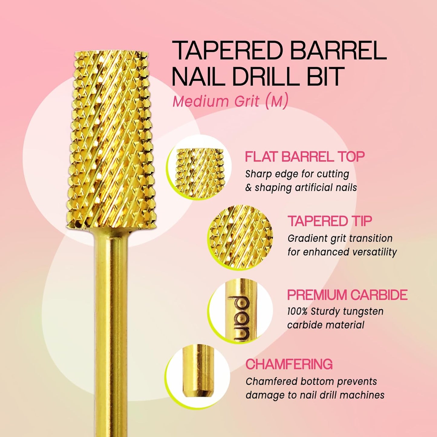 Premium Pana 3/32" Tapered Barrel Carbide Nail Bit -For Electric Dremel Drill Machine, Nail Art Design, Manicure, Pedicure, Nail File, Cuticle Clean etc. (Medium Grit- Gold)