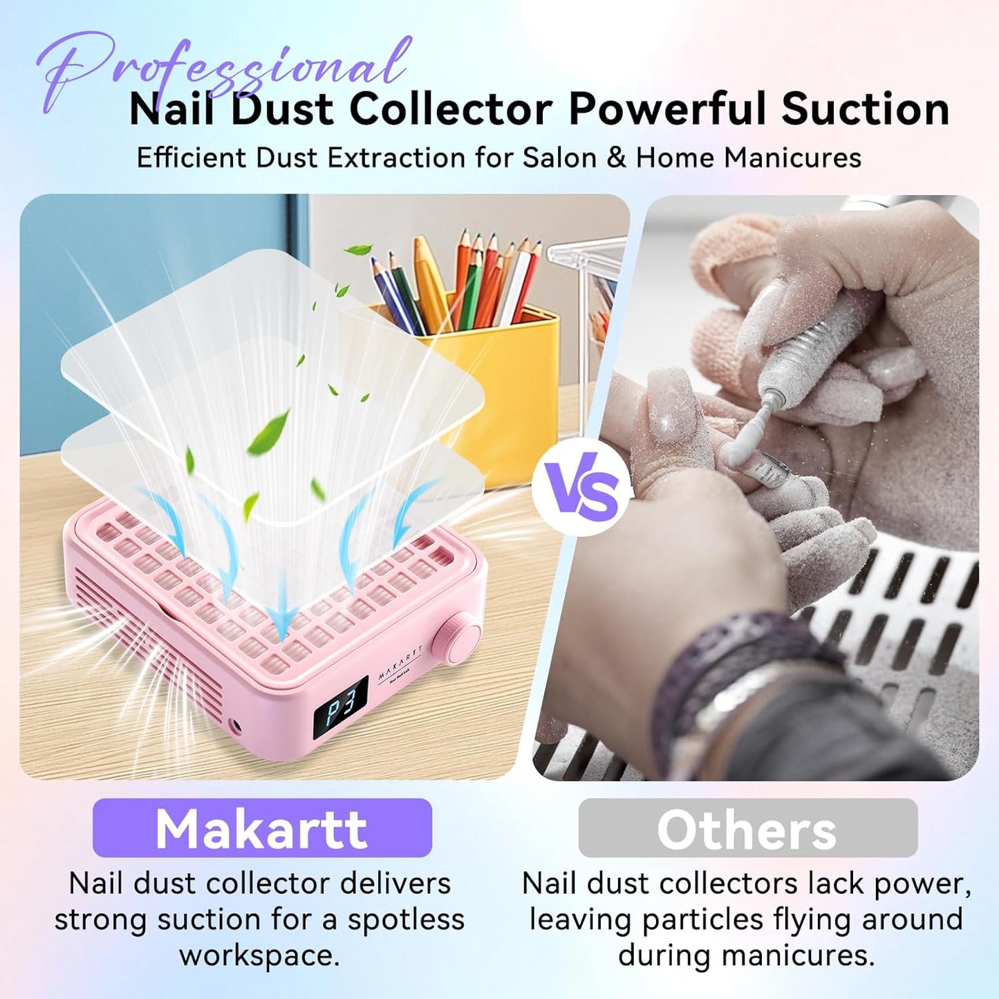 Makartt Professional Nail Dust Collector – Powerful Dust Collector Nail Tech Quite Suction Machine for Acrylic Nails Manicure & Pedicure Salon & Home Use Includes 10pcs Filters & Dust Brush Pink