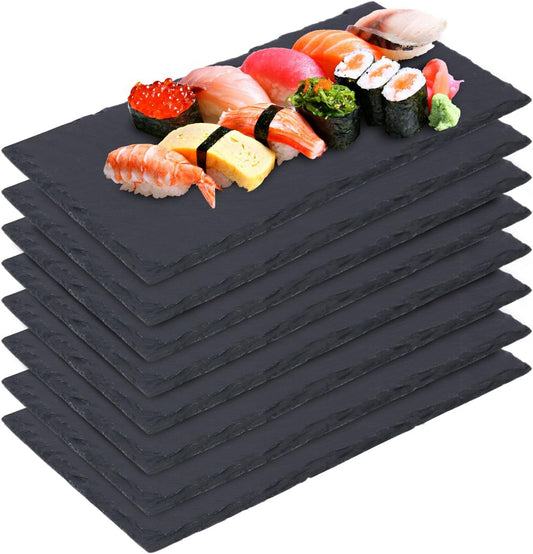 8 Pack 8.7 x 6 Inch Slate Cheese Boards, Black Rectangle Slate Charcuterie Boards, Natural Charcuterie Stone Plates for Parties, Gifts, and Special Events, Cheese, Sushi, Food.