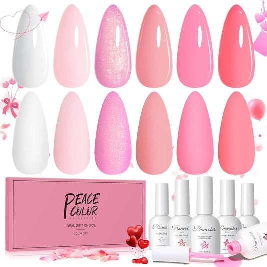 PEACECOLOR Pink Gel Nail Polish Set, 6 Colors 10ML Gel Polish Starter Kit Pink White Glitter Collection Soak Off Gel Manicure Set for Nail Art Home Salon