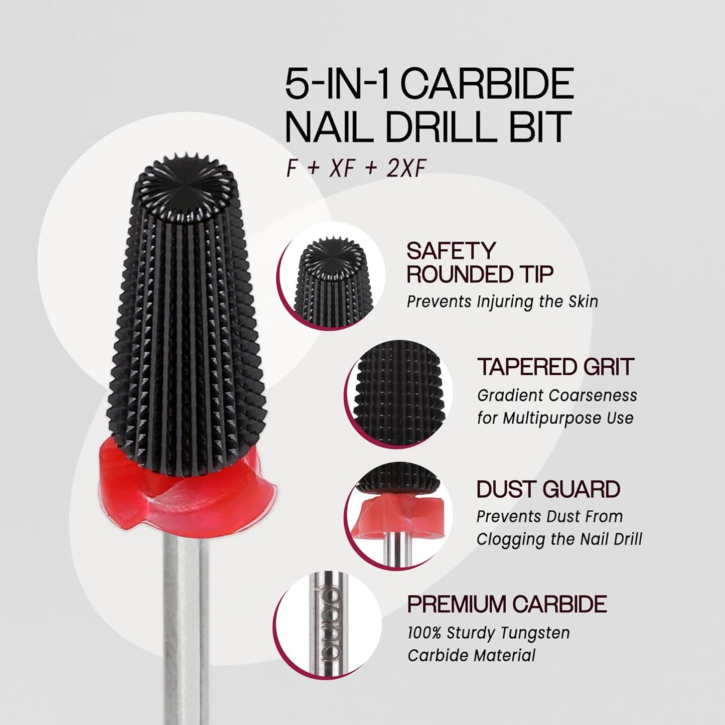 PANA Nail Carbide 5 in 1 Bit - Two Way Rotate use for Both Left and Right Handed - Fast remove Acrylic or Hard Gel - 3/32" Shank - Manicure, Nail Art, Drill Machine (Fine - F, Black)