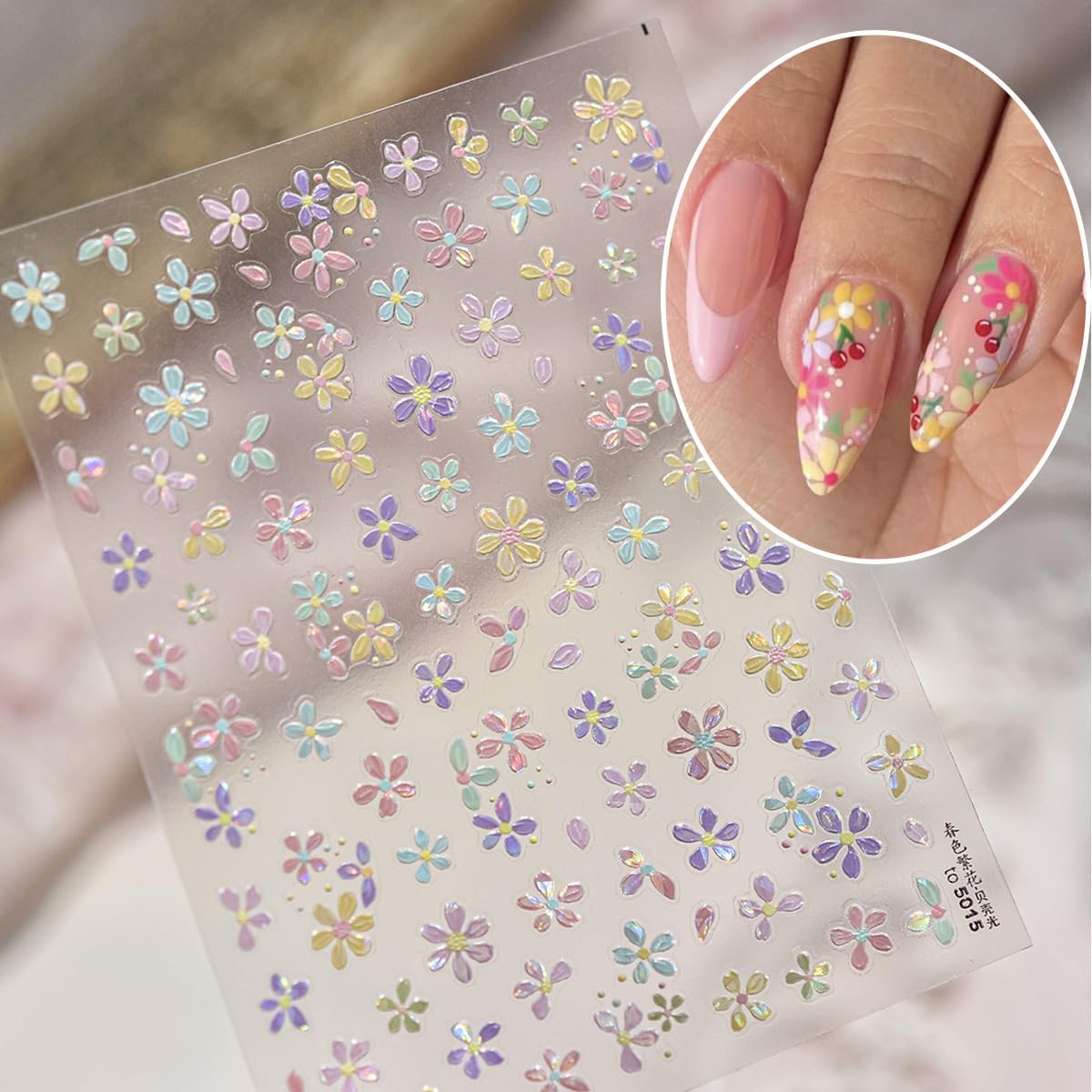 1 Sheet Colorful Flower Nail Stickers, 5D Embossed Self-Adhesive Nail Decals, Summer Glossy Floral Nail Design Stickers for Women DIY Spring Floral Manicure Decoration Supplies