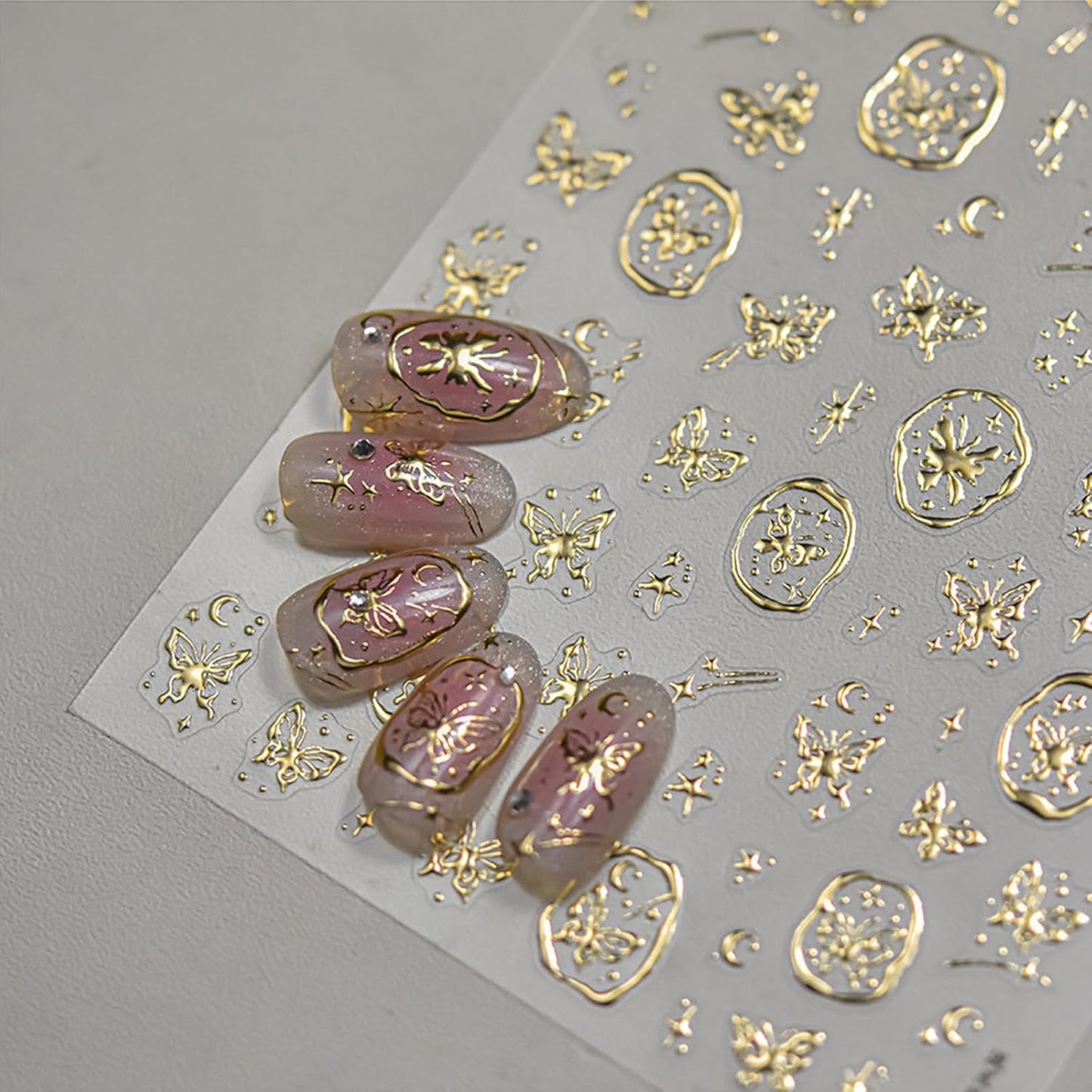 5D Embossed Gold Nail Stickers Butterfly Nail Art Stickers Self-Adhesive Bronzing Butterflies Star Nail Decals Gold Nails Design Manicure Decorations for Women Girls DIY Nail Supplies 1Pcs
