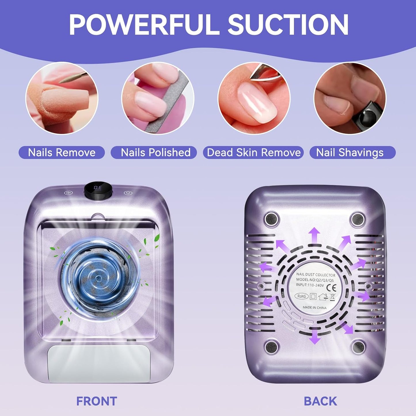 Rechargeable Nail Dust Collector with LED Display - Adjustable Speed, Professional Powerful Suction Vacuum Fan Dust Cleaner with Reusable Filter for Acrylic Nails Polishing Manicure Salon Home Purple