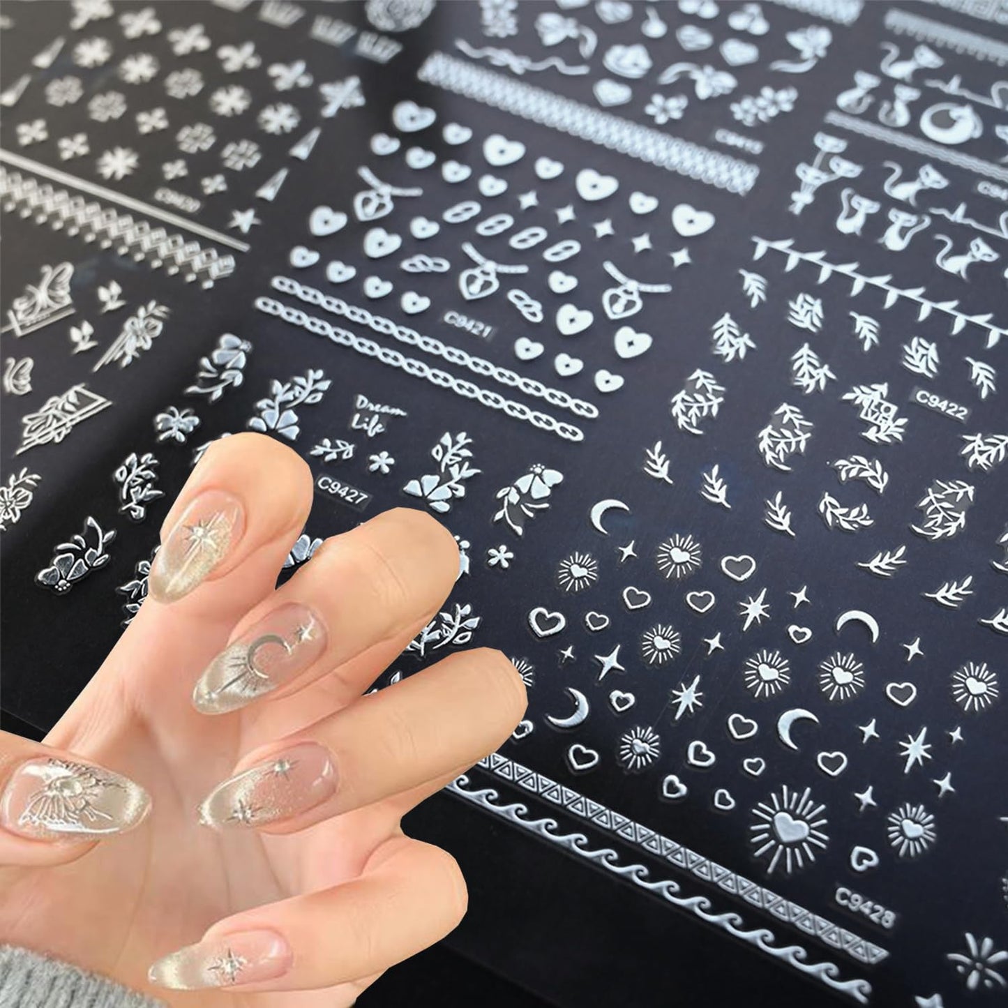 30 Sheets Star Moon Nail Stickers Cute Little Cat Nail Art Stickers 3D Silver Heart Nail Decals Self-Adhesive Retro Nail Supplies Line Flower Leaf Nail Art Design Manicure for Women DIY Acrylic Nails