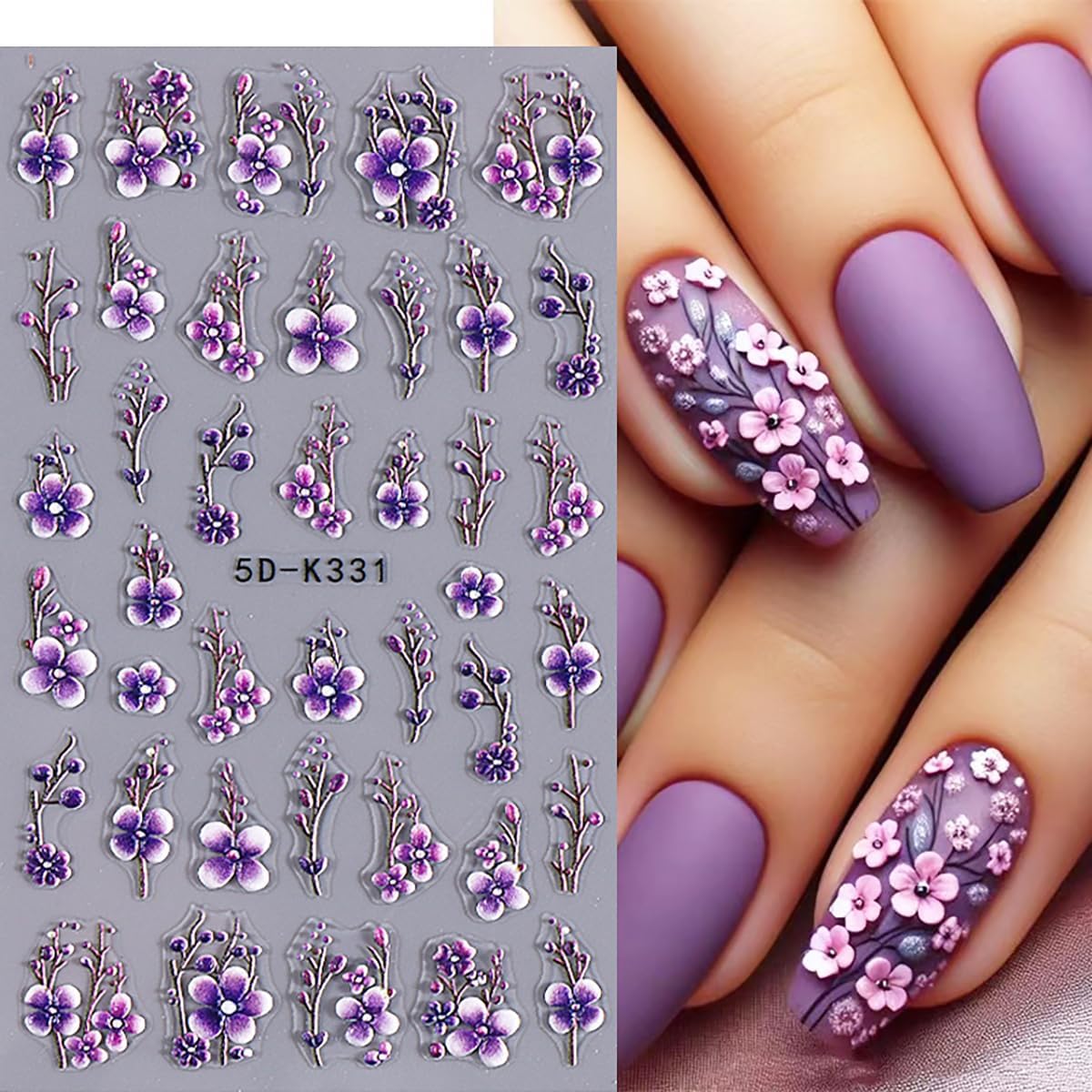 Purple Flower Nail Stickers - 5D Embossed Branch Flowers & Leaves DIY Nail Art Decals - Autumn Colorful Floral Designs for Women & Girls