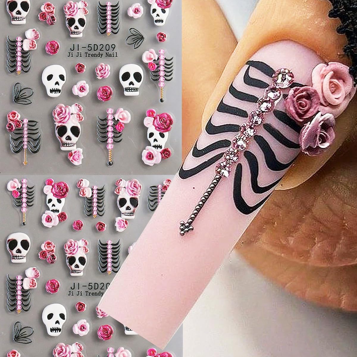 Halloween Nail Art Stickers Decals Rose Skull Skeleton Halloween Nail Design 5D Embossed Nail Decals Nail Art Supplies 2PCS Fantasy Bone Skeleton Holiday Stickers for Women DIY Manicure Decorations