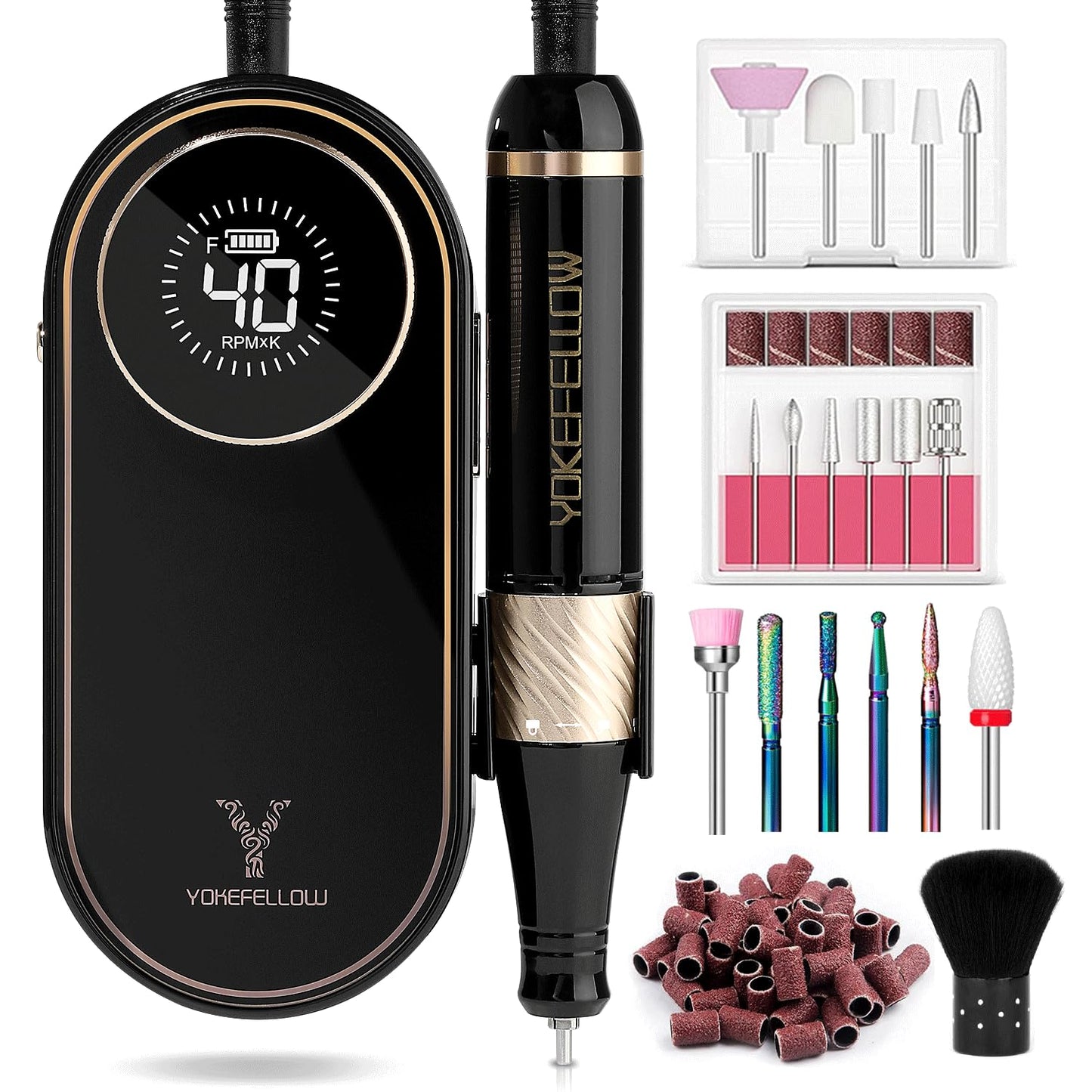 YOKE FELLOW Electric Nail File - Nail Drill Machine for Acrylic Nail Kit with Nail Dust Brush for Dip Powder Manicure Pedicure 40000RPM Rechargeable Nail Drill Gift Set for Women