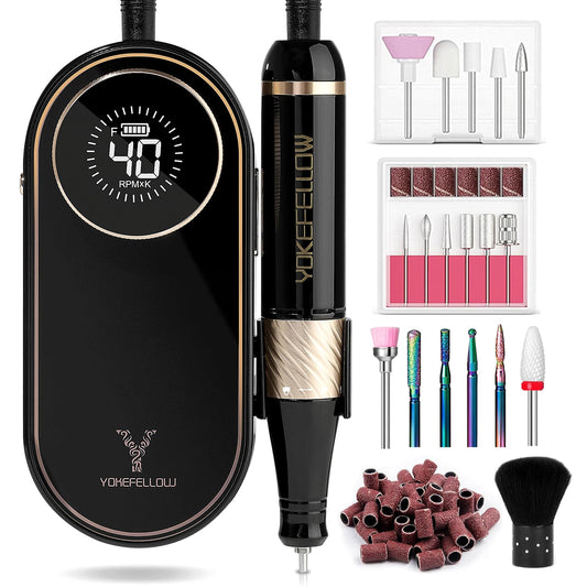 YOKE FELLOW Electric Nail File - Nail Drill Machine for Acrylic Nail Kit with Nail Dust Brush for Dip Powder Manicure Pedicure 40000RPM Rechargeable Nail Drill Gift Set for Women