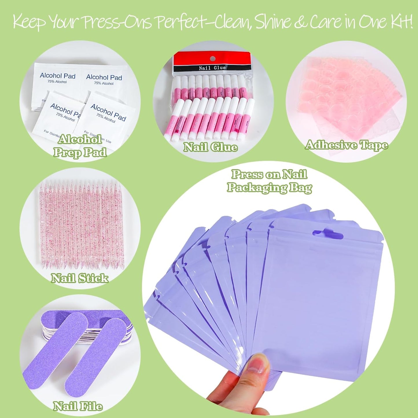 Press On Nail Tool Kit with Everything, Bebbtiy Press On Nail Prep Tool Kit Disposable Manicure Kit with Nail File, Nail Glue, Prep Pads, Adhesive Nail Tabs, Wood Stick, Packaging Bag (20pcs-purple)