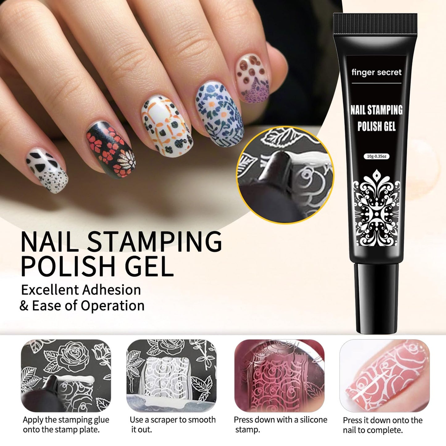 Nail Stamping Gel Polish Kit - 4 Colors (White, Red, Gold, Blue) - Gel Nail Art Set with UV Lamp