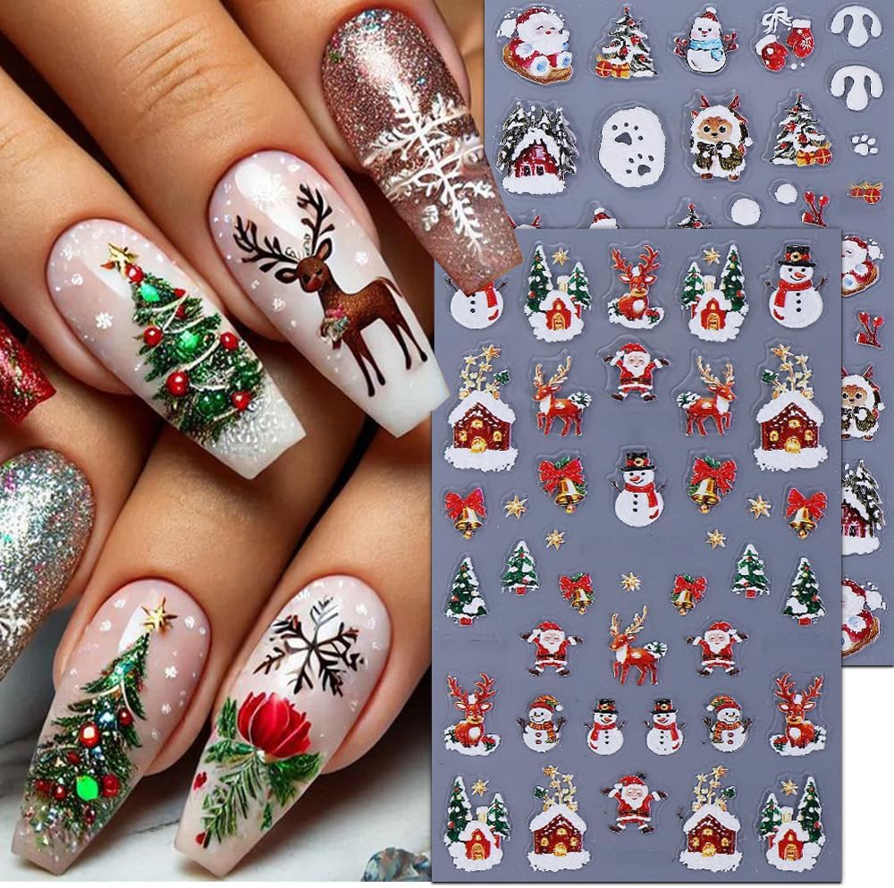 Christmas Nail Stickers 5D Embossed Snowman Elk Nail Art Stickers Xmas Holiday Nail Decals Self-Adhesive Deer Snow Santa Claus Design Sticker Nail Decoration for Women Manicure Accessories 2Pcs