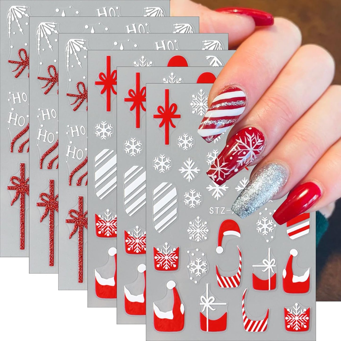 6 Sheets Christmas Hat French Nail Art Stickers 3D Christmas Snowflake Gift Bow Nail Decals Self-Adhesive Glitter Stripe Nail Stickers Winter Xmas Nail Design for Women Girls Manicure Decoration