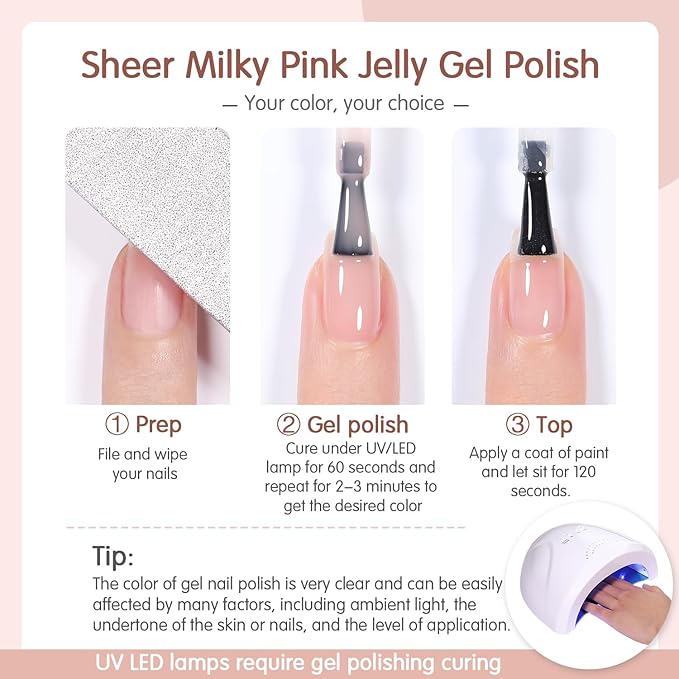 Sheer Light Pink Gel Nail Polish, 15ml Jelly Milky Nude Peach Translucent Color UV Light Cure Gel Polish for Nail Art DIY Manicure and Pedicure at Home SY01