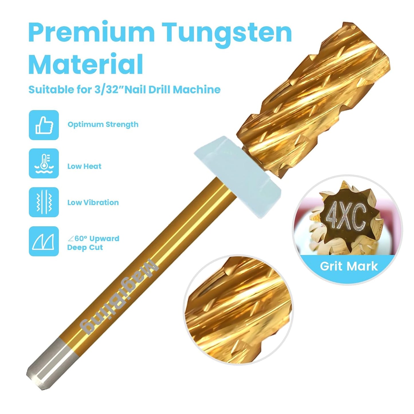 3/32'' Super Cut Nail Drill Bits for Fast Hard Gel Removal, MagiBling Tungsten Carbide Bits for Professional Users, Upward Deep Cut, Right Hand Use, Manicure Cuticle Gel Polishing, Quadruple Coarse.