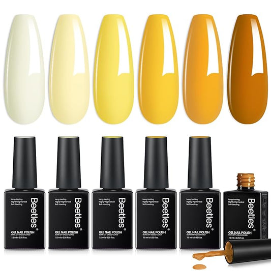 Beetles Yellow Gel Nail Polish Set – Lemon Whisper Fall Gel Polish Kit Mustard Gold Amber Butterscotch Pastel Yellow UV LED Soak Off Nail for Autumn Manicure