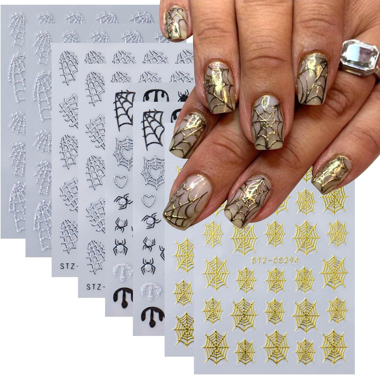 8 Sheets Spider Web Nail Sticker, Halloween for Nail Art Set - Halloween Nail Stickers Glitter Nail Spider Web Design Holographic 3D Self-Adhesive Slider Decals Manicure Art Decorations