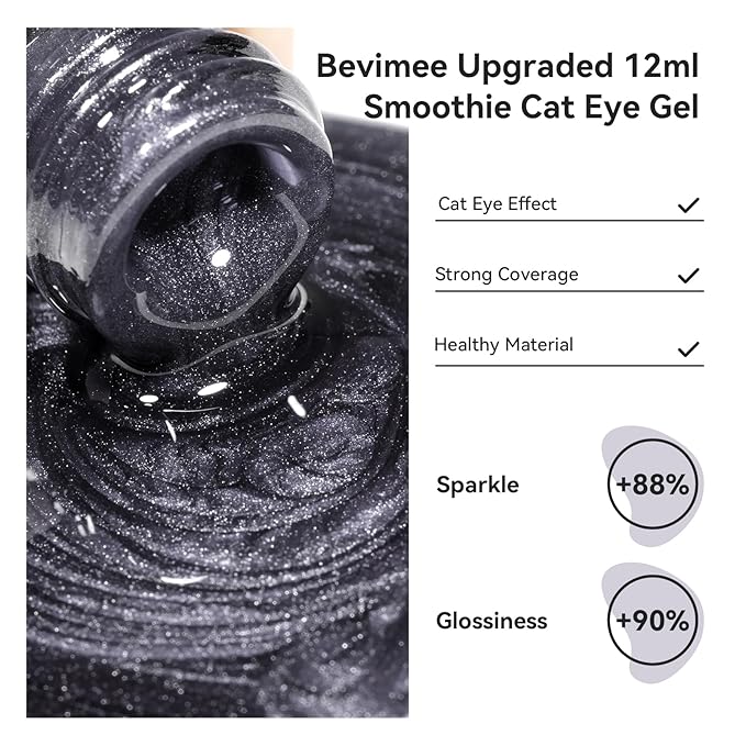 Cat Eye Gel Polish - Black, Glitter Magnetic Nail Polish Moonlight, Cateye Polish With Magnet Stick Holographic Shimmer Cateye Effect, UV Velvet Gel Nail Art Manicure Salon DIY Home, 12ML