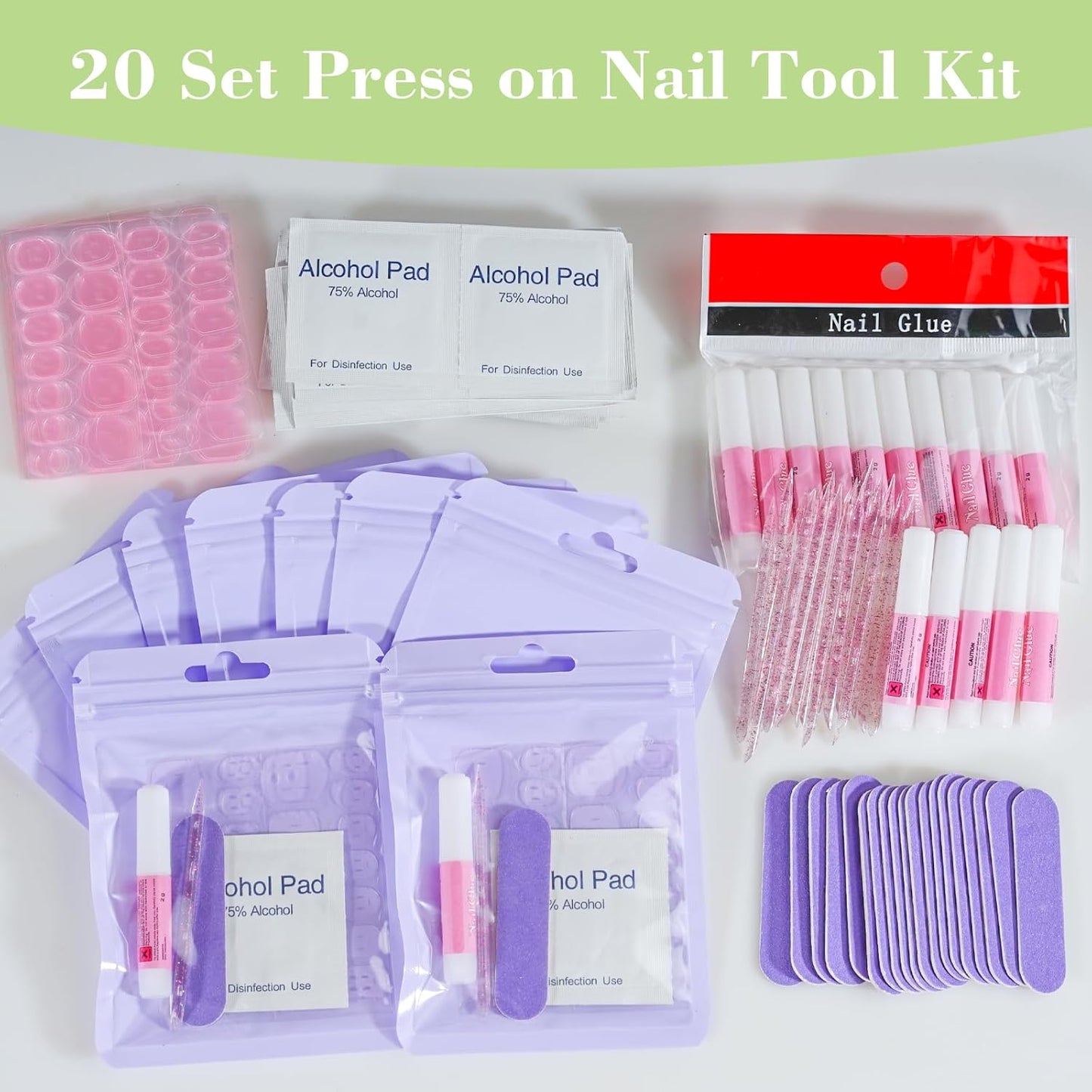 Press On Nail Tool Kit with Everything, Bebbtiy Press On Nail Prep Tool Kit Disposable Manicure Kit with Nail File, Nail Glue, Prep Pads, Adhesive Nail Tabs, Wood Stick, Packaging Bag (20pcs-purple)