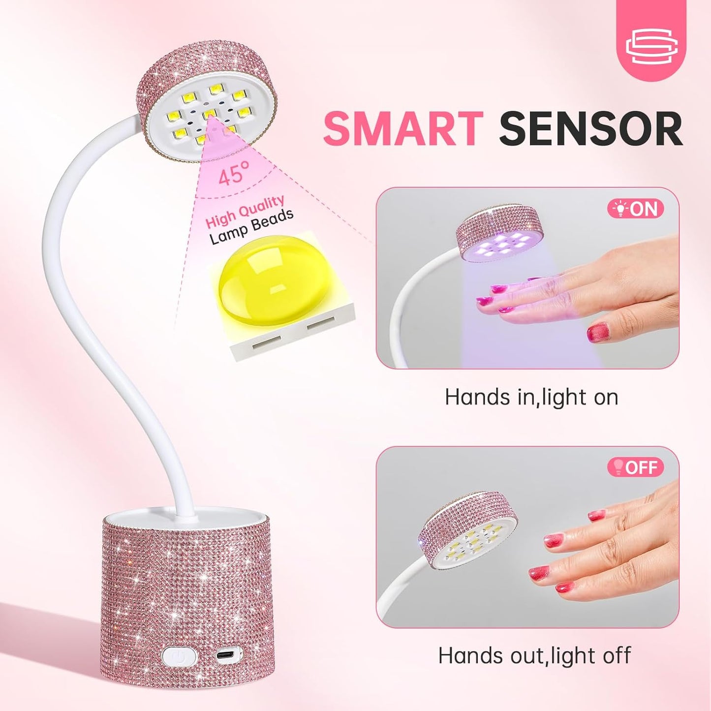 UV LED Nail Lamp, Mini UV Light for Gel Nails Polish, Rechargeable LED Flash Cure Nail Dryer, Quick Drying Goosenecks UV Nail Lamp for Home Nail Salon DIY Manicure, Pink Diamond