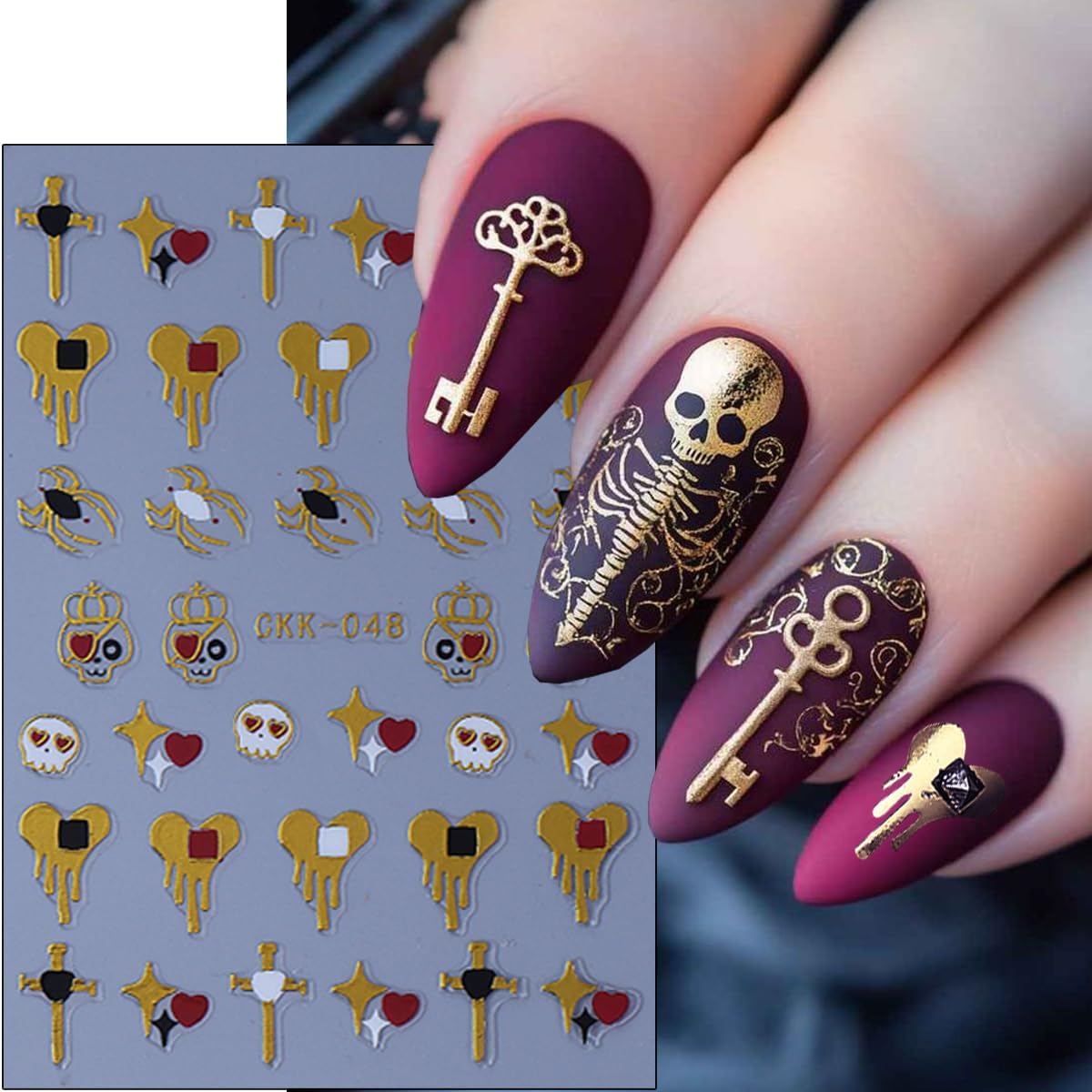 10 Sheets Halloween Nail Art Stickers Decals 3D Skeleton Pumpkin Spider Knife Etc Self-Adhesive Designs Nail Decals Supply Red Gold Skull Cross Nail Stickers for Women DIY Manicure Decoration