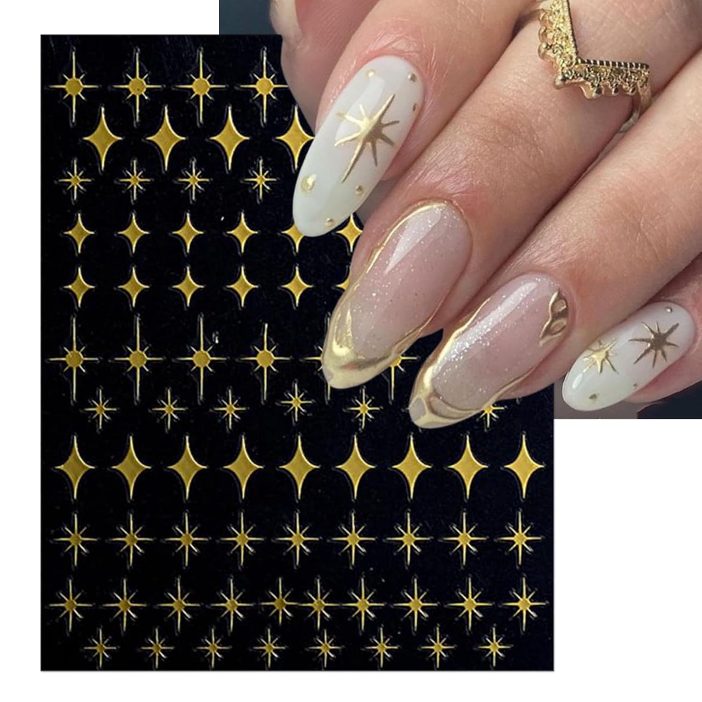 Gold Heart Nail Art Stickers - Valentines Day Star Self-Adhesive 3D Nail Decals for DIY Golden Manicure (6 Sheets)