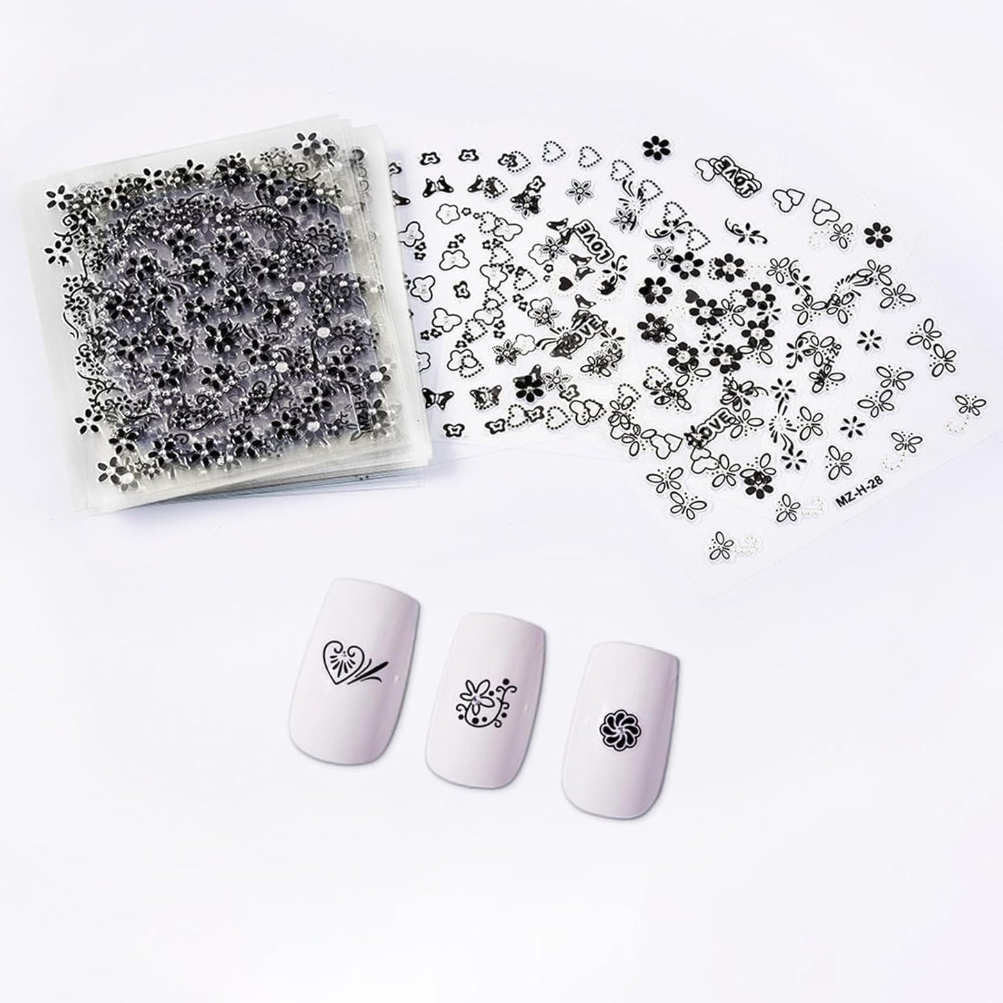 30 Sheets Black Flower Nail Art Stickers - Heart, Butterfly Design Charms - 3D Self Adhesive Nail Art Supplies for Women & Girls - Manicure Decoration Floral Nail Decals