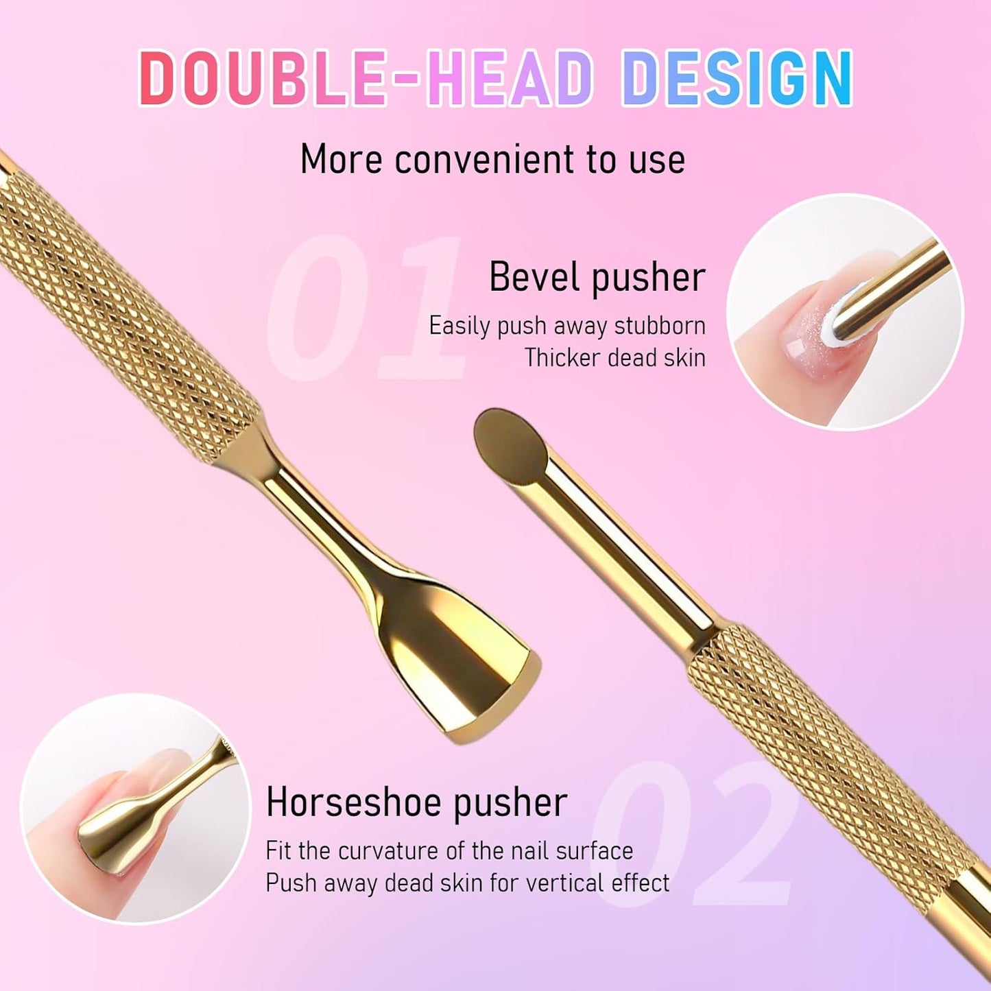 Pre-Treatment Cuticle Pusher, Dual Ended Cuticle Remover Russian Prep Nail Pushers with 100/180 Grit Sandpaper Sheets, Nail Care for Manicure Pedicure Nail Art and Foot Salon Home (Gold)