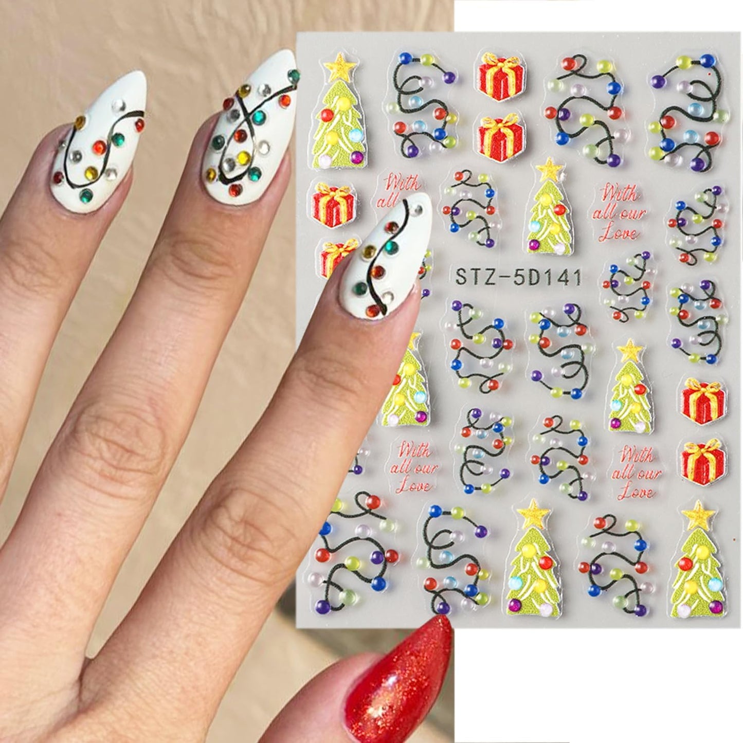 2 Sheets Christmas Nail Stickers for Nail Art Embossed New Year Light Strip Nail Art Stickers 5D Self-Adhesive Xmas Gift Nail Design Supplies Winter Christmas Tree Nail Decals for Women Holiday Decor