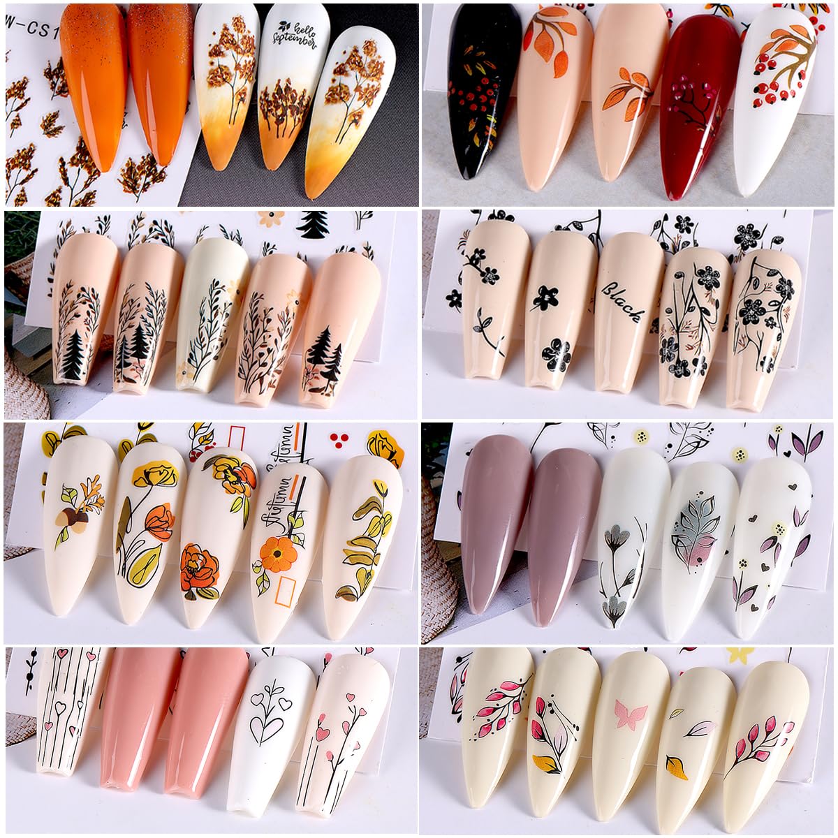 8Sheets Fall Leaves Nail Art Stickers, 3D Black Leaf Flowers Love Autumn Leaves Adhesive Nail Stickers Nail Supplies Flower Designs Slider Decal for Women Nail Decorations Thanksgiving Day Accessories