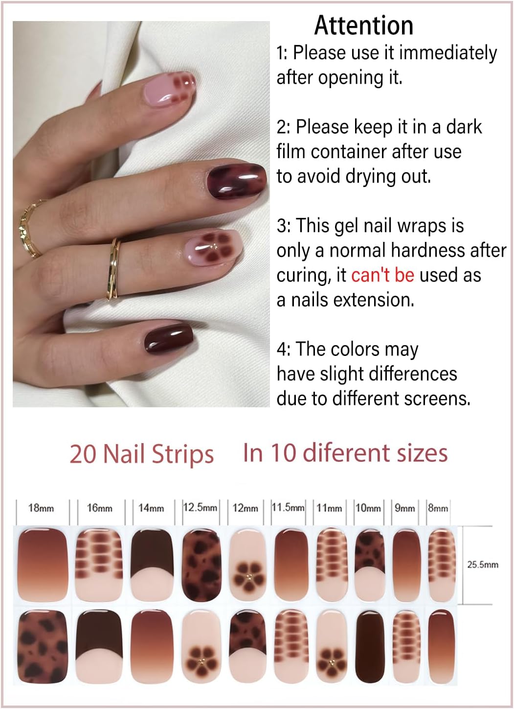 Semi Cured Gel Nail Strips, Khaki Leopard 20pcs Adhesive UV Sticker, Wraps for Home Manicure DIY