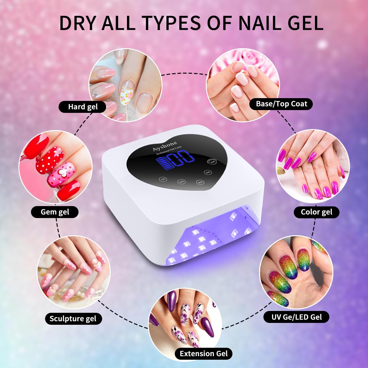 Cordless UV LED Nail Lamp,72W Rechargeable Nail Dryer Gel Polish Light with Large LCD Display,Rechargeable Nail Curing Lamp for Salon & Home (White)