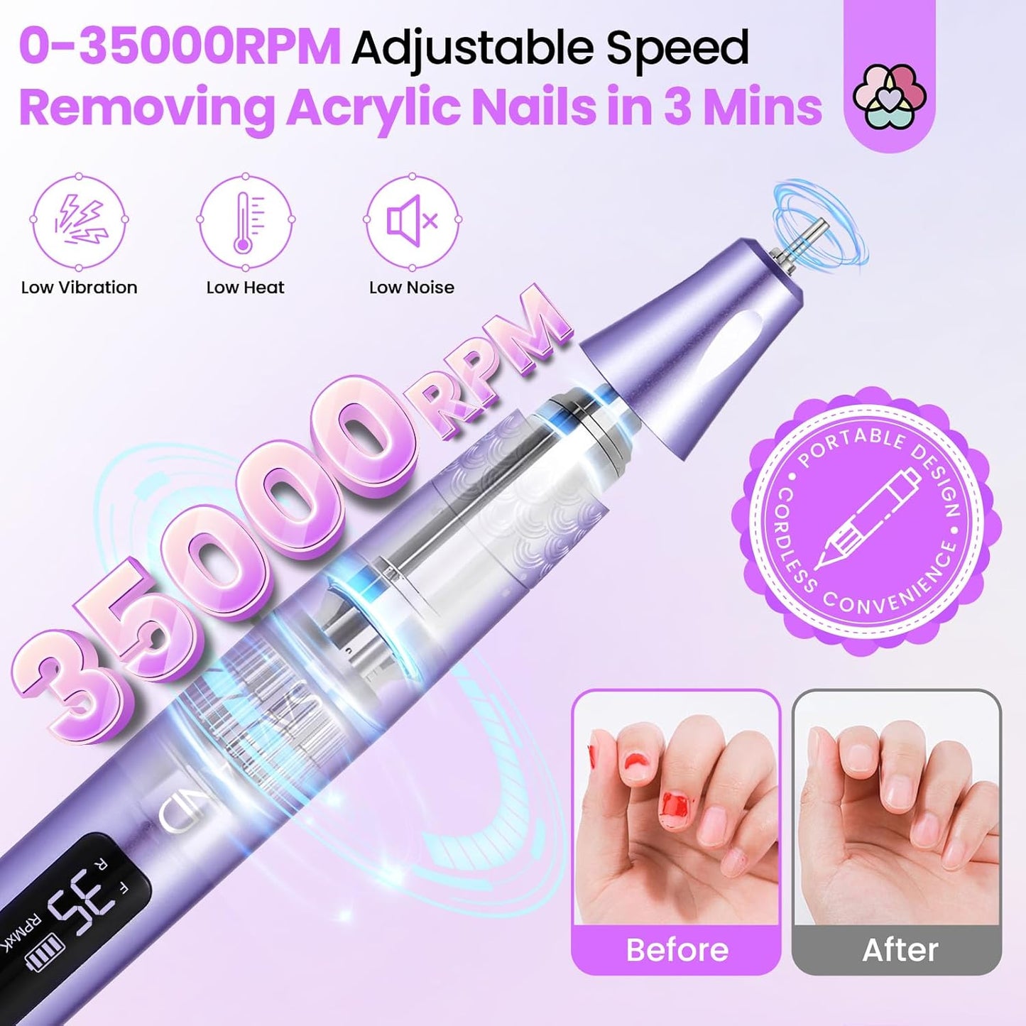 SAVILAND Electric Nail Drill: 35000RPM Cordless Electric Nail File Portable Nail Drill Professional 0 Vibration Hight Speed for 3 Mins Removal Acrylic for Manicure Pedicure Nail Salon at Home（Purple）