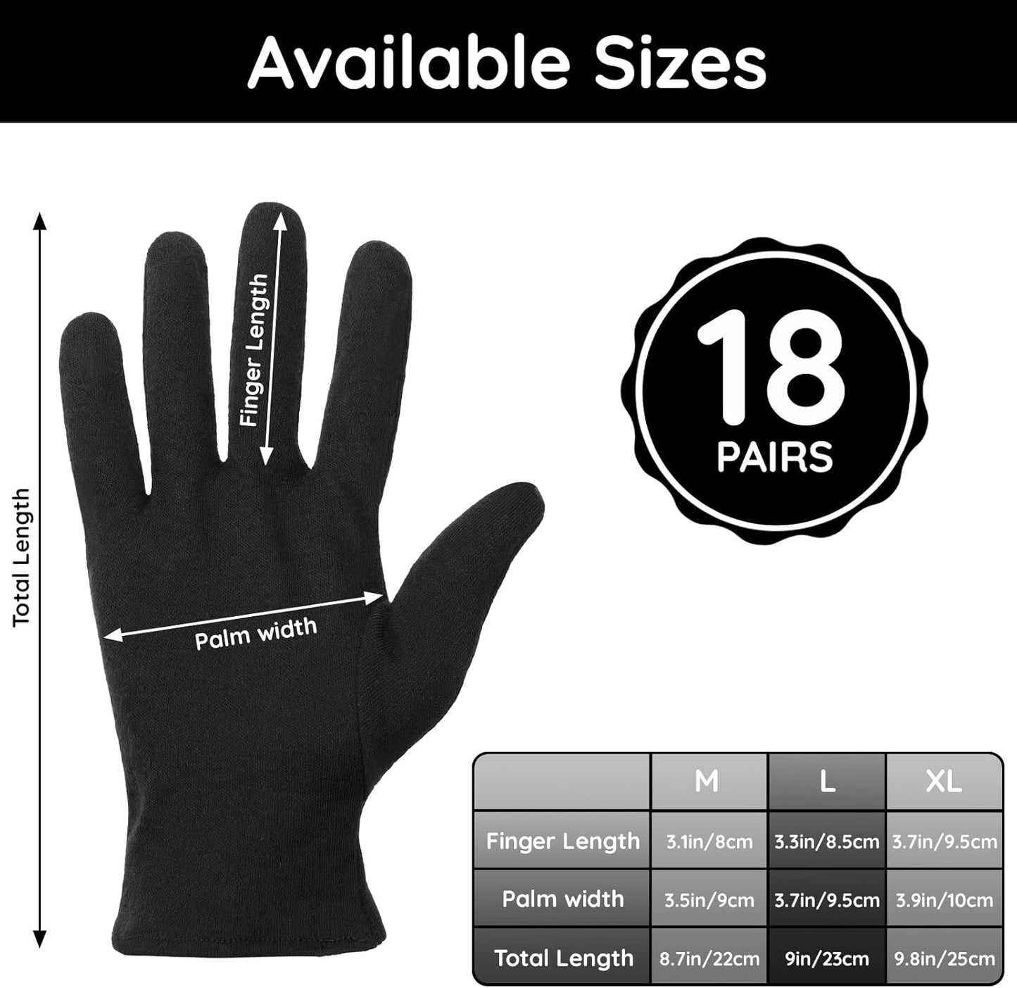 Segbeauty 36 Counts Black Cotton Gloves for Men Dry Hands, 18 Pairs Overnight Moisture Lotion Cotton Gloves for Sleeping Driving Typing, Cracked Hand Home Sleep Glove Reusable Soft Glove Bulk Large
