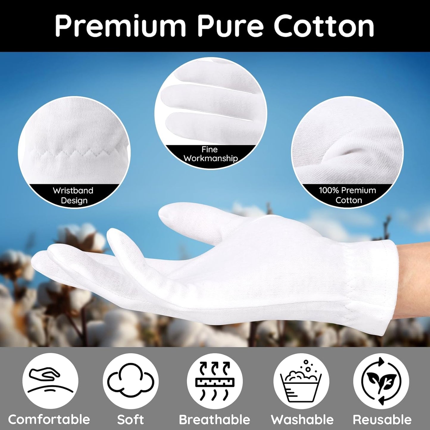 Segbeauty 12 Counts White Sleep Gloves, Hand Moisturizing Gloves with Elastic Band, 6 Pairs Cotton Moisturizing Gloves for Hands, Sleeping Gloves for Hand Overnight, White Cotton Gloves for Men Large