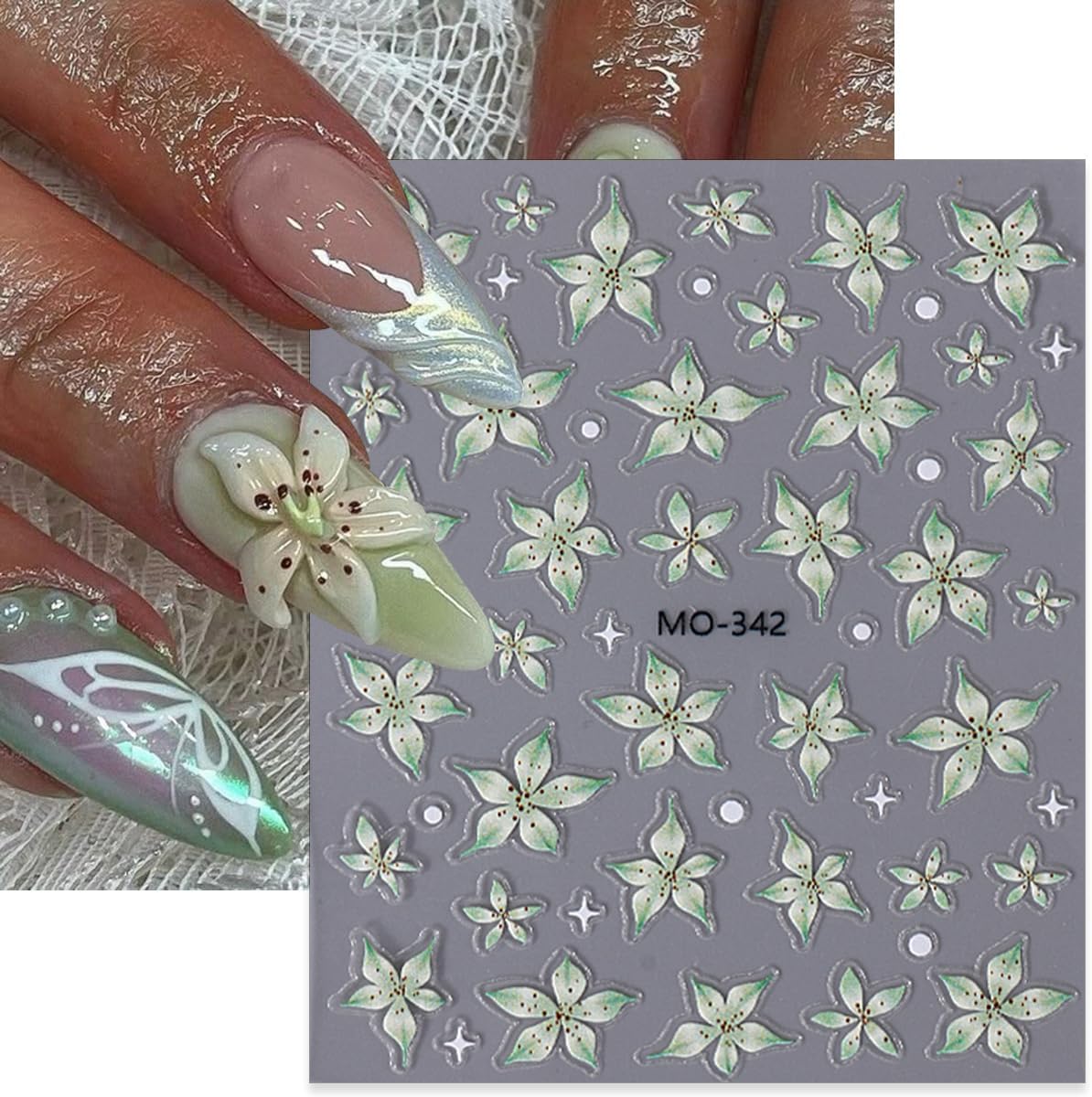 3 Sheets Flower Nail Decals, Lily Nail Stickers, 3D Self-Adhesive Nail Design Stickers for Woman Daily Festival DIY Pink Purple Green Floral Manicure Decoration Supplies