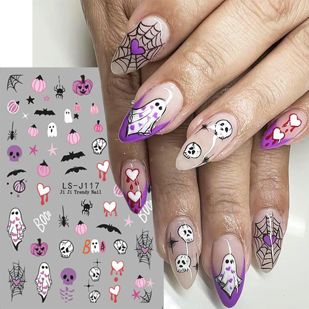Halloween Nail Decals Self-Adhesive 3D Skull Bat Ghost Spider Design Cute Girls Nail Art Decoration 6PCS