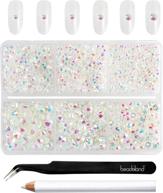 Beadsland 4300pcs Flatback Rhinestones,Transparent AB Rhinestone Nail Gems Round Crystal Rhinestones for Crafts,Mixed 6 Sizes with Picking Tweezers and Wax Pencil Kit, SS6-SS20,Transparent AB