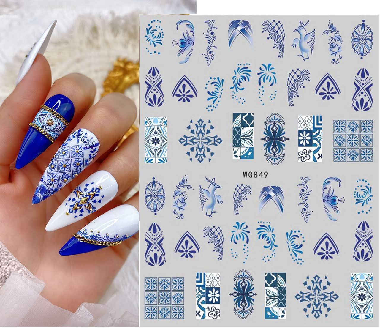 8 Sheets Blue and White Porcelain Nail Art Stickers Decals Self-Adhesive Pegatinas para Uñas Retro Elements Tiger Lion Dragon Flowers Design Manicure Tips Nail Decoration for Women Girls