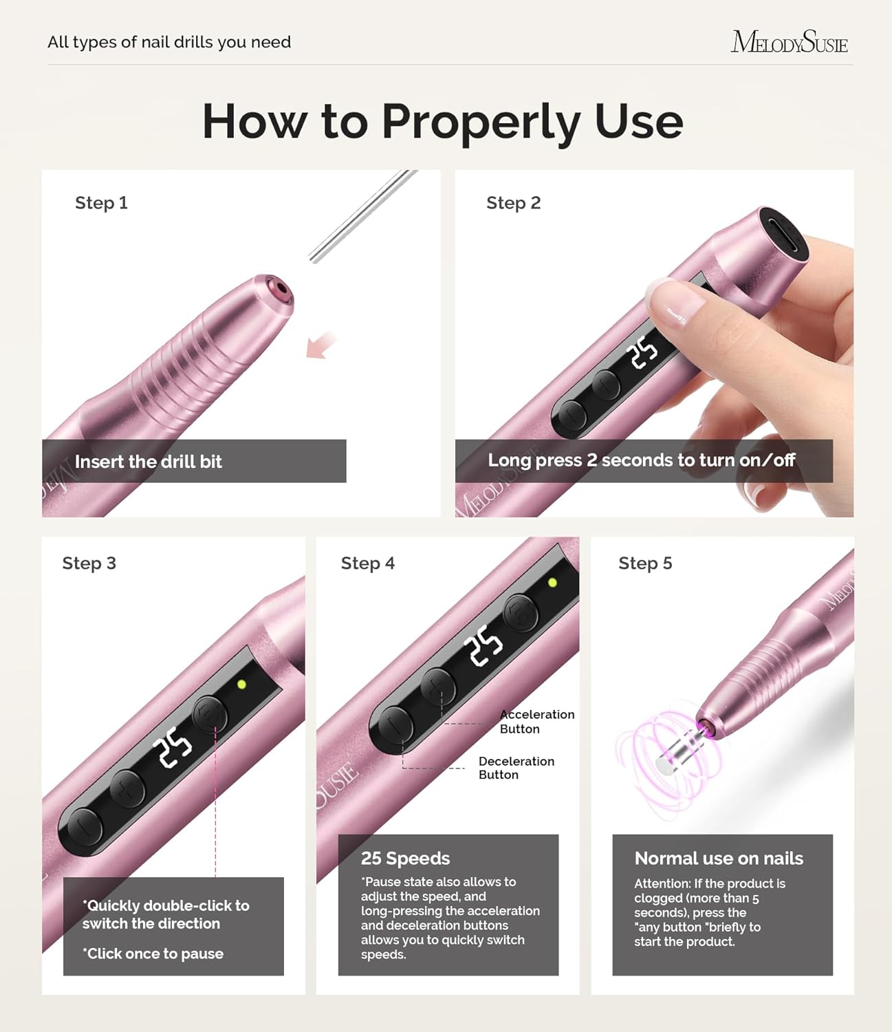 MelodySusie Cordless Nail Drill, PC180G 25,000RPM Rechargeable Electric Nail File with Nail Drill Bits,Sanding Bands