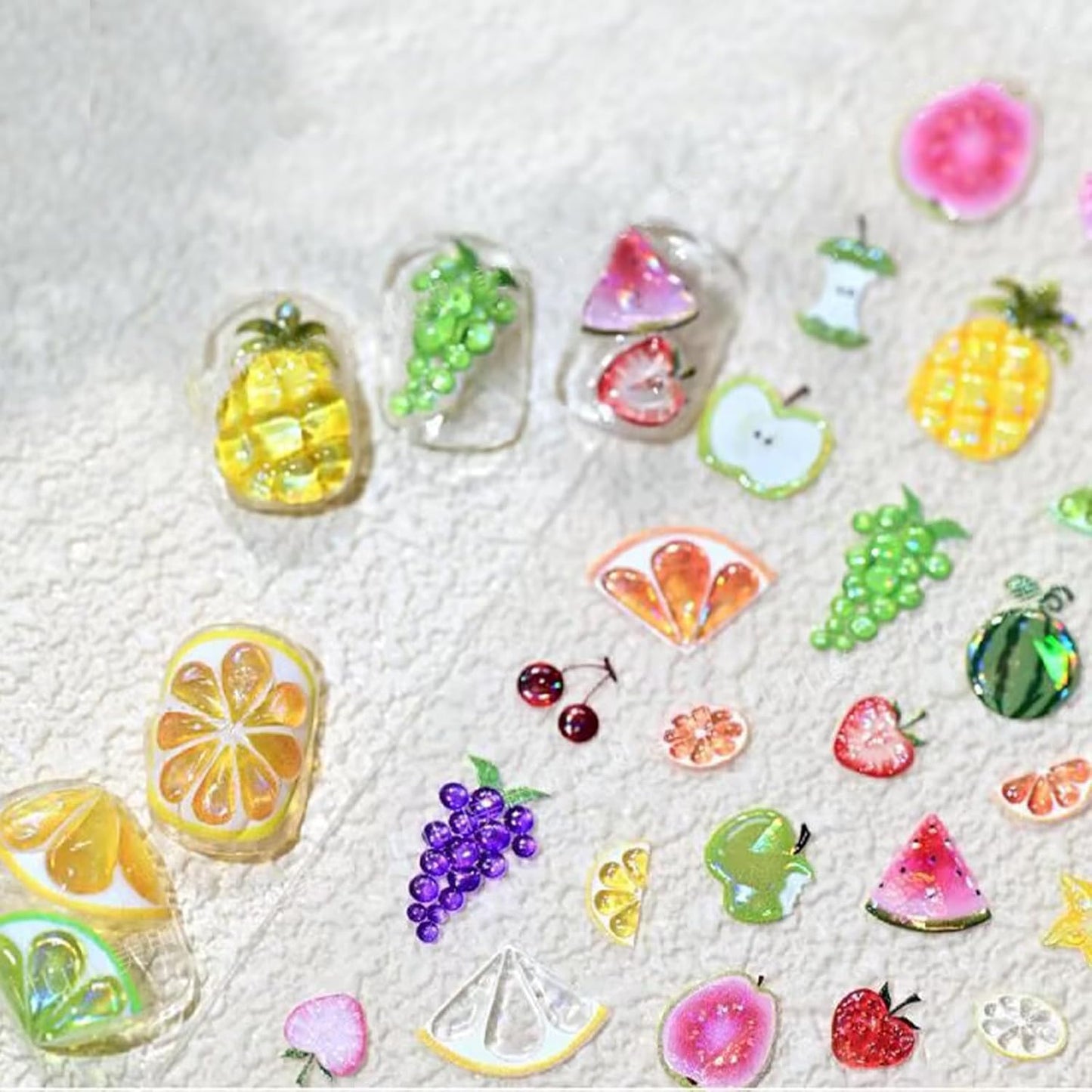 1 Sheets Summer Fruit Nail Art Stickers 5D Self-Adhesive Jelly Embossed Watermelon Grape Grapefruit Nail Decals Cute Pineapple Strawberry Cherry Nail Stickers for Women Girls Nails Decoration