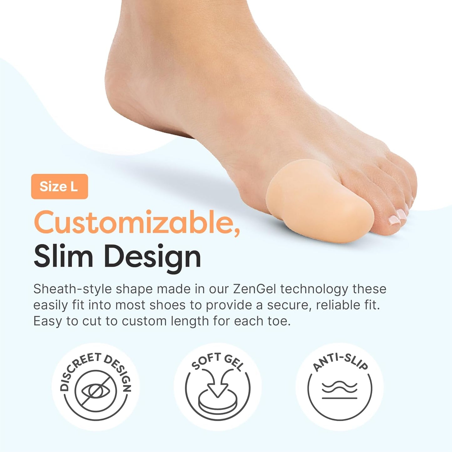 ZenToes 6 Pack Gel Toe Cap and Protector - Cushions and Protects to Provide Relief from Missing or Ingrown Toenails, Corns, Blisters, Hammer Toes (Large, Beige)