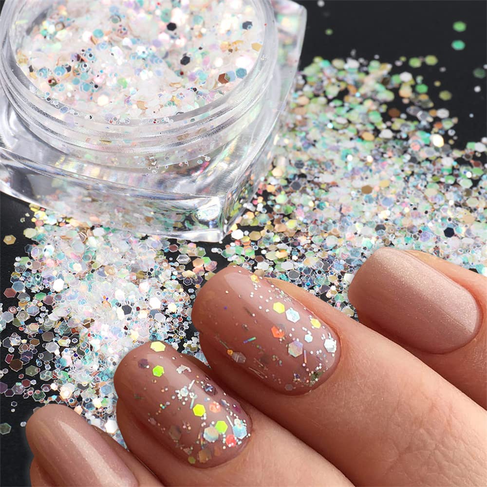 Holographic Nail Art Sequins Glitter Kits 12 Boxes 3D Nails Glitter Metallic Shining Flakes Acrylic Powder Dust Sequins for Nails Decoration Holographic Manicure Tips (Vintage Color-2set)