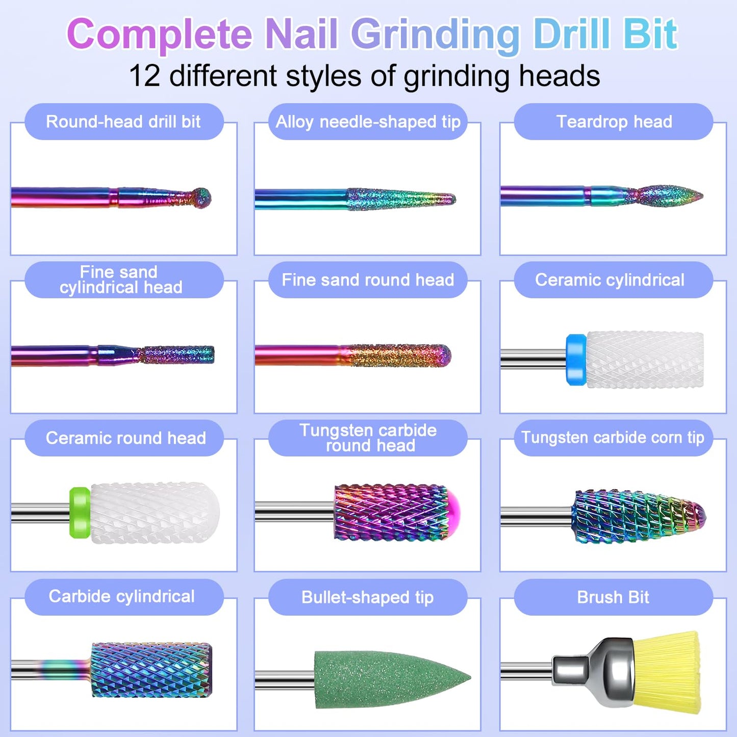 12Pcs Nail Drill Bits 3/32" Electric Manicure Nail File Bits Set for Acrylic Gel Nail Manicure Pedicure Remover Tools for Home Salon