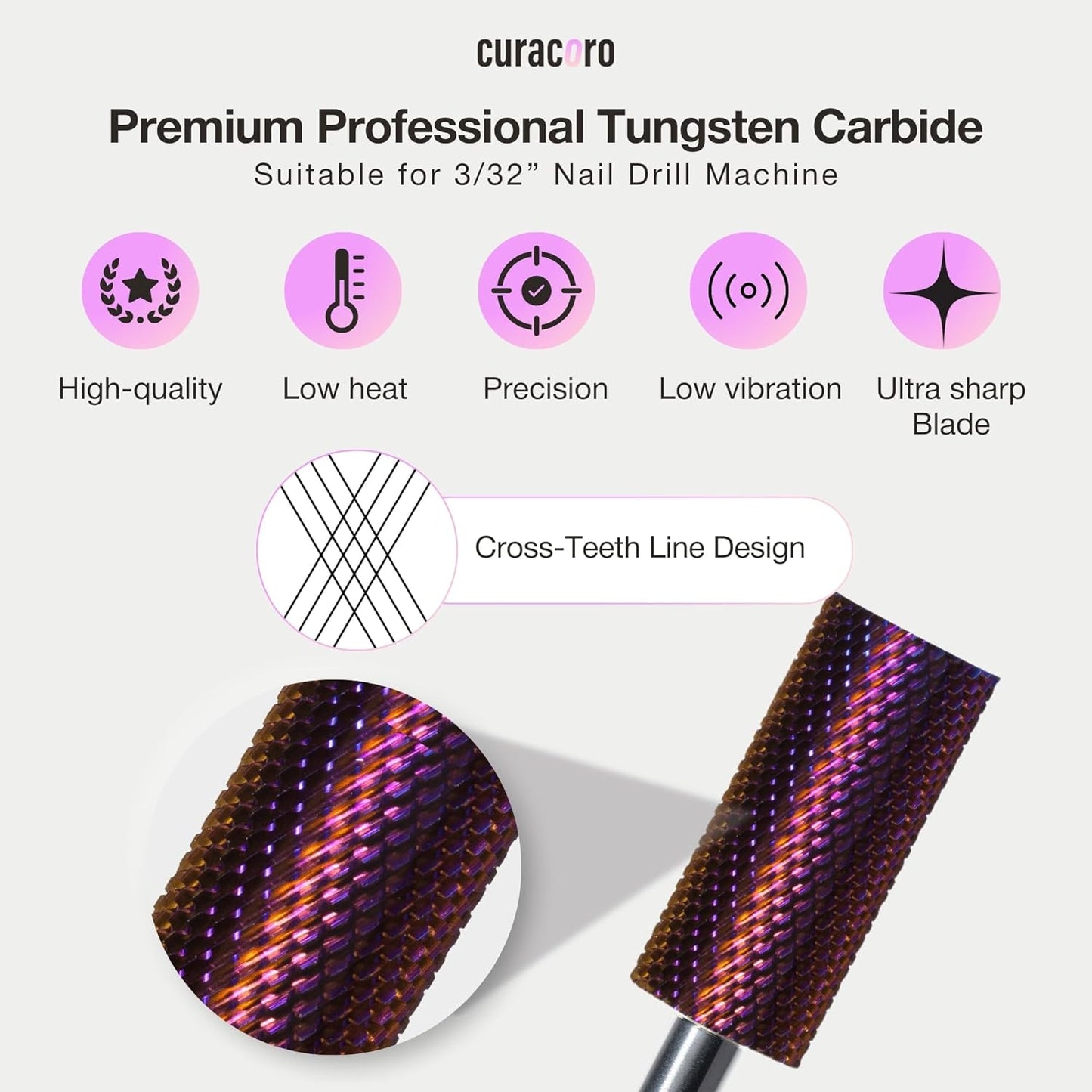 Curacoro Nail Drill Bits 3/32'' - Small Barrel Carbide Bit (Fine) for Professional Finish, Gently Remove, Buff & Polish Gel Nails, Nail Art Pedicure Manicure Salon & Home