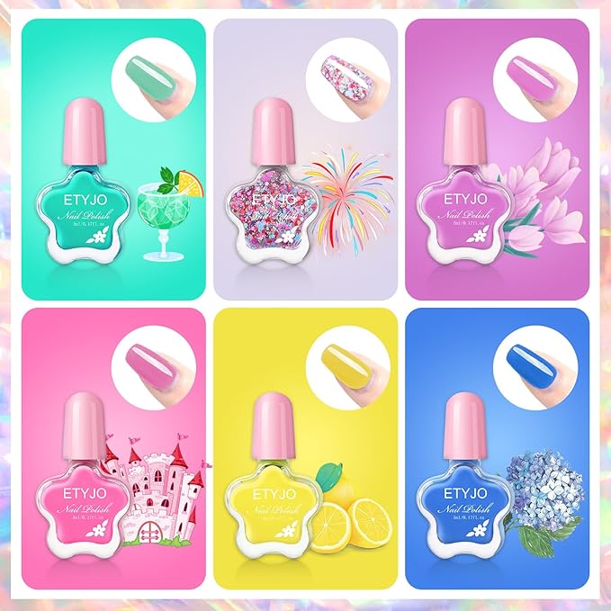 Kids Nail Polish Non-Toxic Nail Polishs Set For Girls Water Based Peel Off Quick Dry Nail Polish 6 Colors Nail Art Kits For Kids Age 3+ Girl Birthday Gift