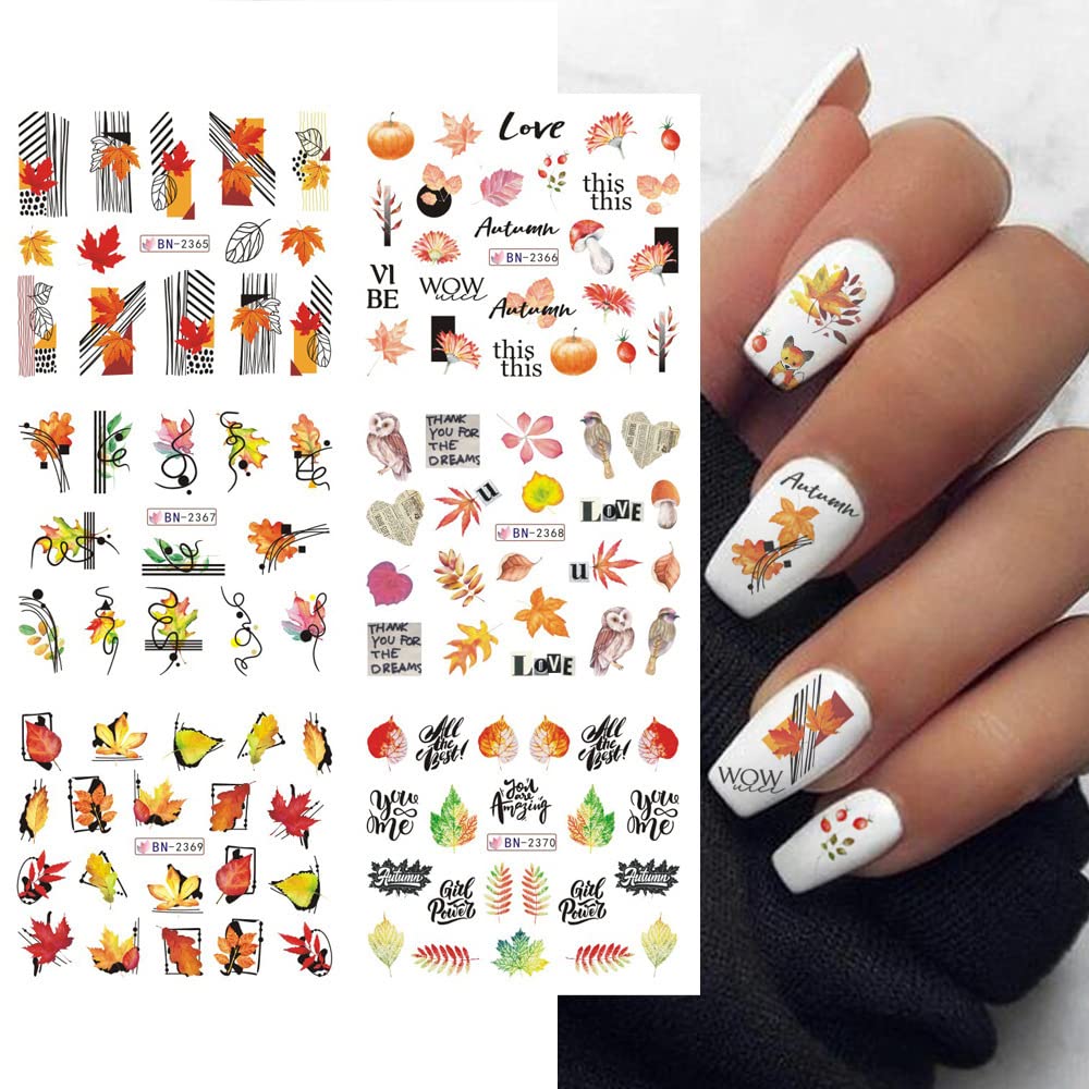 Fall Nail Art Stickers Autumn Nail Water Decals Maple Leaf Pumpkin Small Animals Thanksgiving Nail Stickers Water Transfer Foil Designs Nail Decals for Women Girls DIY Nail Decorations (12 Sheets)