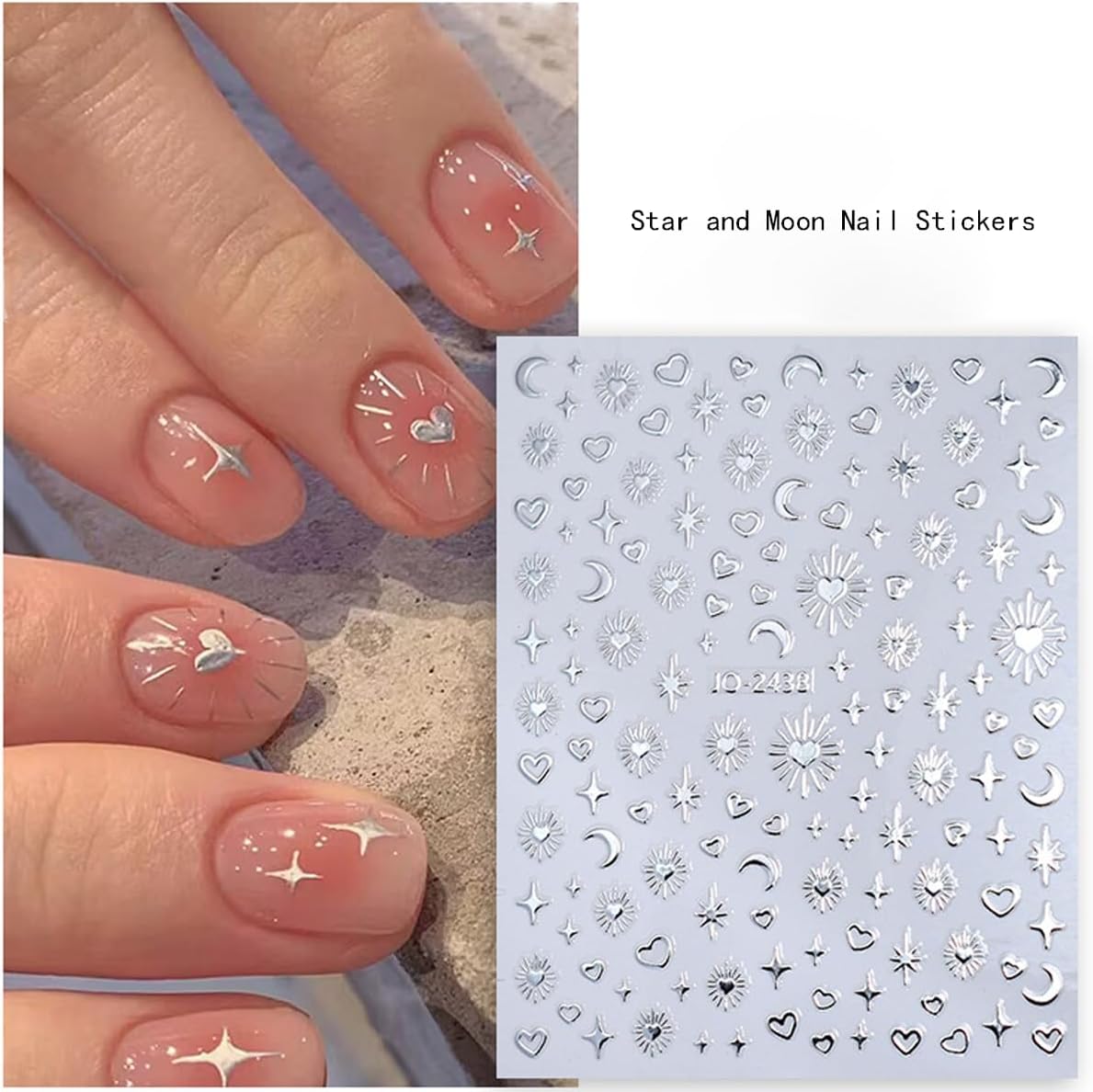 8 Sheets Gold Silver Nail Stickers Stars Heart Nail Decals 3D Self-Adhesive Bronzing Laser Star Moon Sun Love Hearts Metallic Chrome Line Nail Design Sticker for Women Girls Manicure Decoration